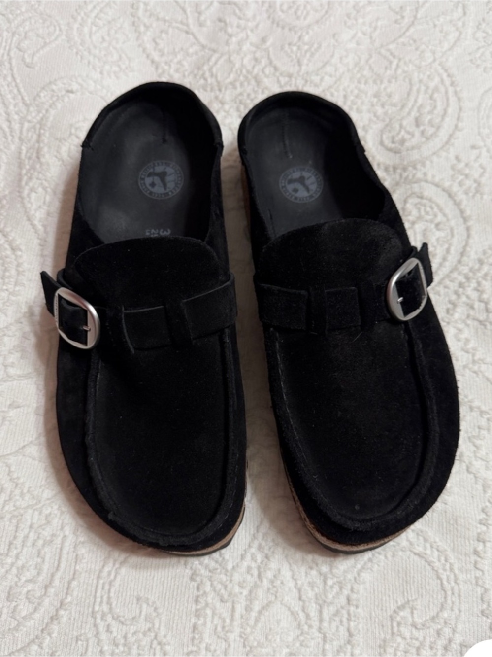 Birkenstock Mules Size 39/8-8.5 US Black Suede Silver Buckle